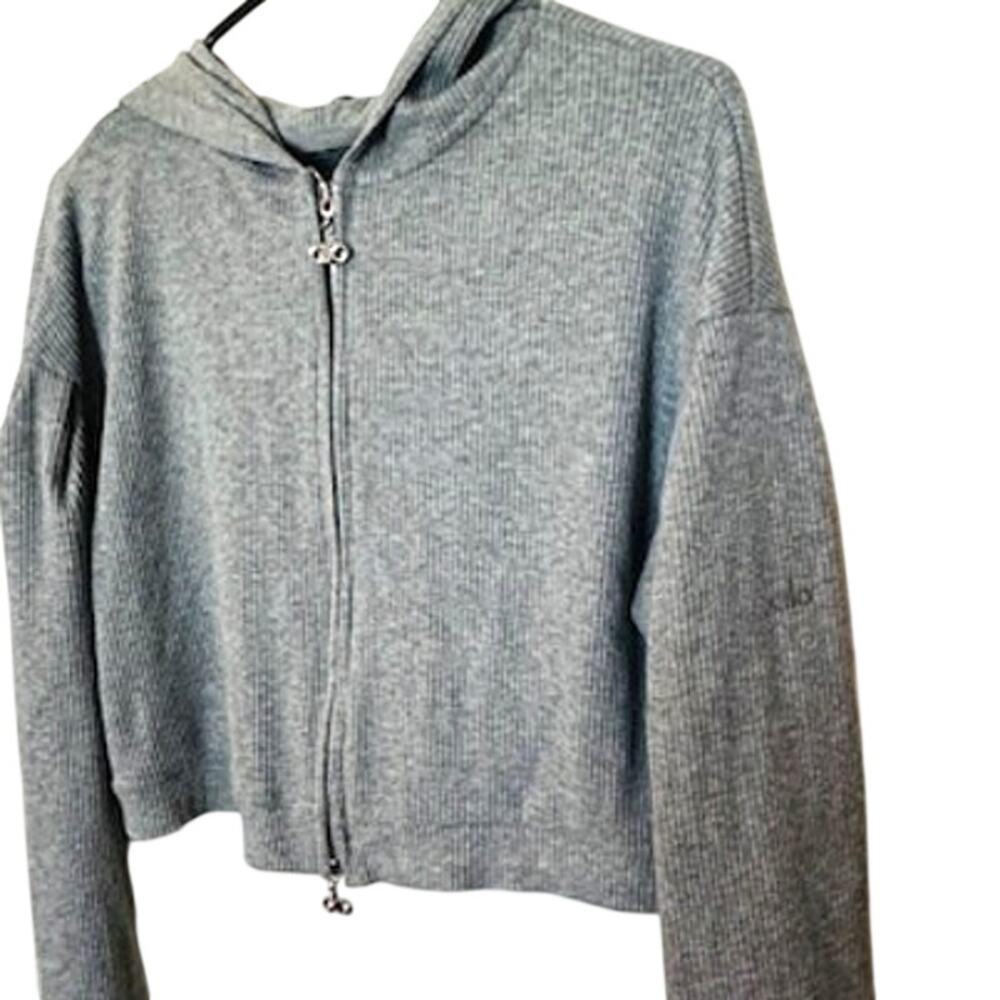 Alo Yoga Ribbed Cropped Heathered Gray Full Zip Hooded Jacket M